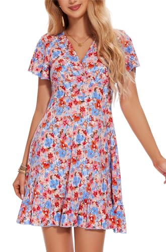 YUTILA Sommerkleider Damen Kurzarm V-Ausschnitt Kleid Blumenmuster Leicht Wickelkleid Freizeitkleider von YUTILA