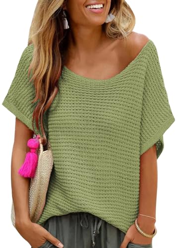 YUTILA Damen Loose Kurzarmpullover Casual Rundhals Lockere Sommer Strickpullover In luftgem Ajourstrick,sommerlich von YUTILA