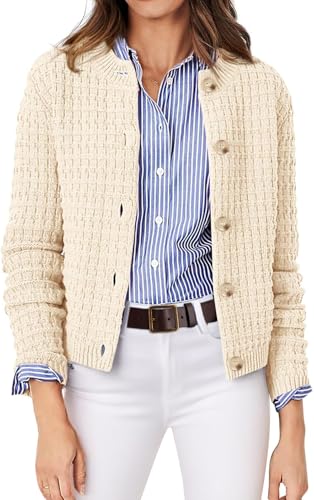 YUTILA Kurz Strickjacke Damen Langarm Rundhalsausschnitt Knopfleiste Waffelstrick Cardigan Vintage Klassisch Elegante Pullover von YUTILA