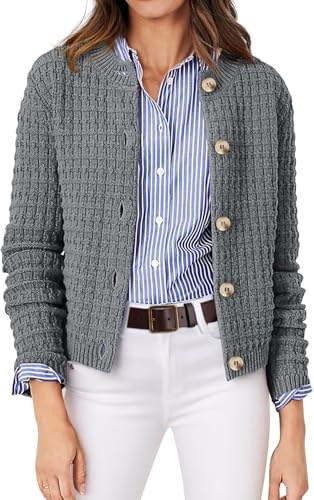 YUTILA Kurz Strickjacke Damen Langarm Rundhalsausschnitt Knopfleiste Waffelstrick Cardigan Vintage Klassisch Elegante Pullover von YUTILA