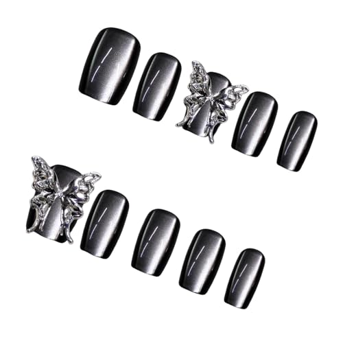 10pcs Frauen Drücken Auf Nägel Katzen Eye Square False Nails Mit Schmetterling Und Glänzende Metallische Graue Konstruktionen Klebstoffe Auf Nägeln Quadratische Nagelspitzen von YUTNGYNG