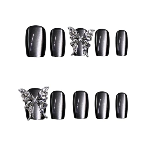 10pcs Frauen Drücken Auf Nägel Katzen Eye Square False Nails Mit Schmetterling Und Glänzende Metallische Graue Konstruktionen Klebstoffe Auf Nägeln Quadratische Nagelspitzen von YUTNGYNG