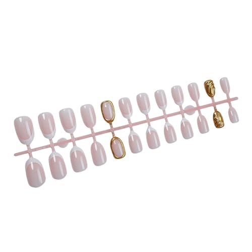 24 Pcs Damen French Kurzroelle Runde Form Weiße Presse Auf Nägeln Kunstnägel Mit Stilvollen Goldstreifen Metallic Designs Mode Künstliche Nagel von YUTNGYNG
