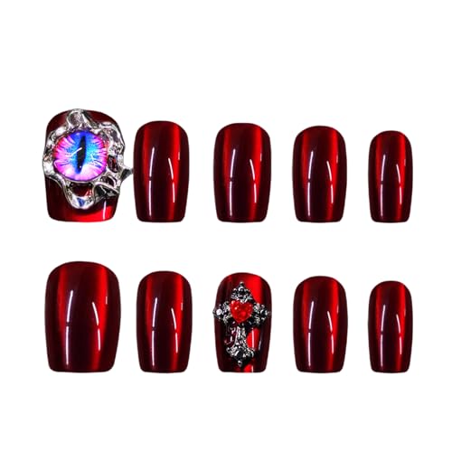 30 PCs Frauen Kurzquadratische Presse Auf Nägeln Weinkatzen Eye False Nails Mit Teufelsaugen Und Strasssteinen Designs Hochglanz Finish Holiday Art von YUTNGYNG