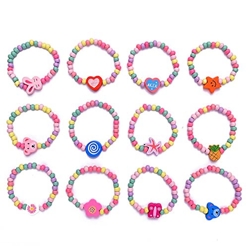 YUTOU 12 Stück Bunter Holz Armband Freundschaftsarmband Mädchen Armbänder Perlenarmband Charm Armband Kinderschmuck Bunt Tier Blume Armbänder Kinder Holz Armband Set für Kleine Mädchen von YUTOU