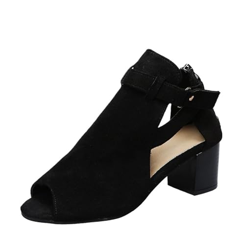 Damen Peep Toe Booties Sandalen Chunky Heels Cutout Back Zipper Sandale(Black,36 EU) von YUTUGTSJ