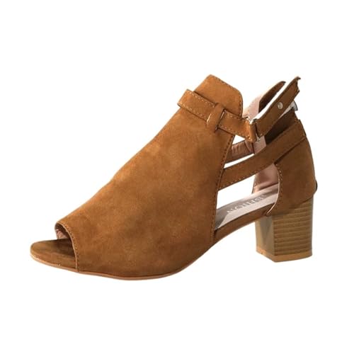 Damen Peep Toe Booties Sandalen Chunky Heels Cutout Back Zipper Sandale(Brown,38 EU) von YUTUGTSJ