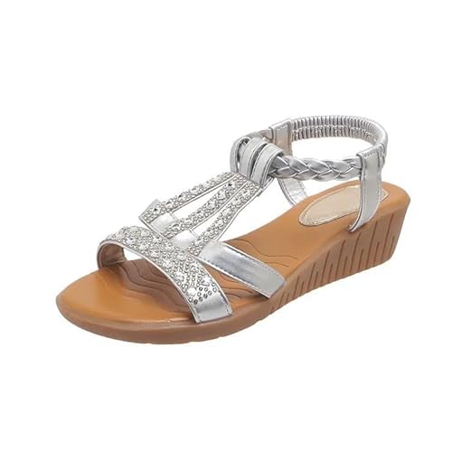 Damen Sandalen mit Keilabsatz und Strasssteinen, orthopädische Bohemian-Sandalen, Plateau-Hausschuhe(Silver,37 EU) von YUTUGTSJ