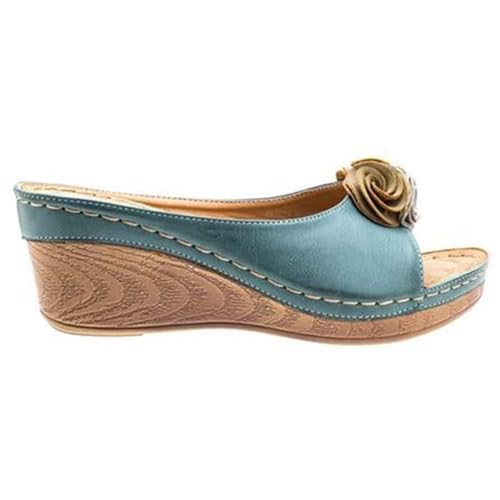 Damen Slide Sandalen Damen Floral Hausschuhe Plateau Dicker Keil(Blue,37 EU) von YUTUGTSJ