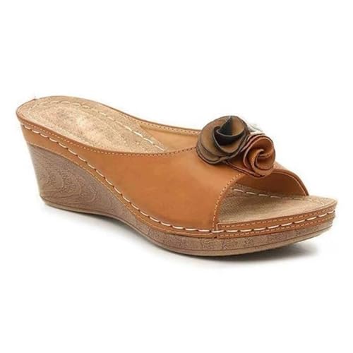 Damen Slide Sandalen Damen Floral Hausschuhe Plateau Dicker Keil(Brown,38 EU) von YUTUGTSJ