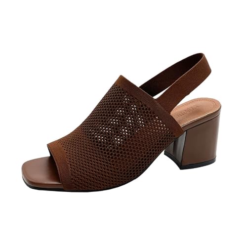 Damen Strick-Zehen-Sandalen mit klobigem Blockabsatz und Knöchelriemen, modisch, hohl(Brown,42 EU) von YUTUGTSJ