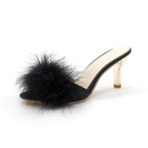 Flauschige High Heel-Hausschuhe for Damen – Pantoletten mit Kitten Heel aus Kunstfell for Sommerhochzeiten(Black,42 EU) von YUTUGTSJ