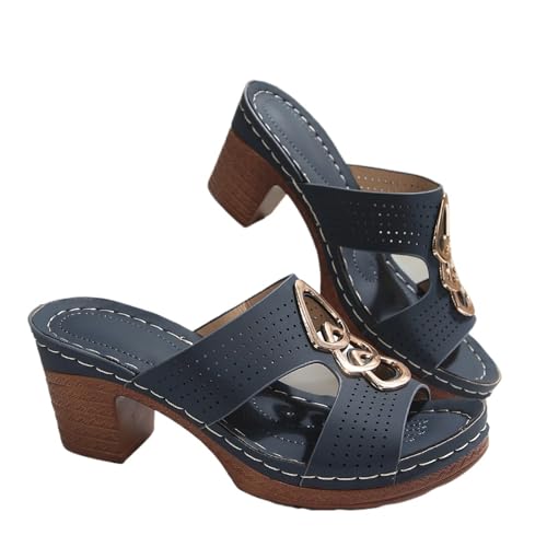 High Heels Plateau Blockabsatz Hausschuhe Damen Hausschuhe Sommer Peeptoe Sandalen(Blue,40 EU) von YUTUGTSJ
