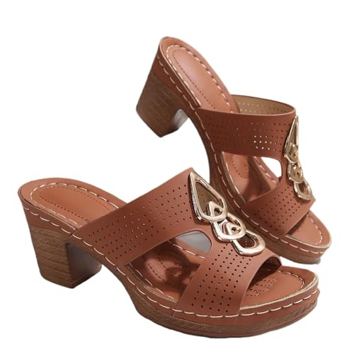 High Heels Plateau Blockabsatz Hausschuhe Damen Hausschuhe Sommer Peeptoe Sandalen(Brown,40 EU) von YUTUGTSJ