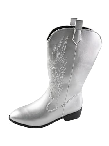 YUTUGTSJ Cowboystiefel, wadenhohe Cowboystiefel for Damen, wasserdicht, mit Stickerei, Western-Retro-Stil, breite Wadenpartie, Cowgirlstiefel(Silver,43 EU) von YUTUGTSJ