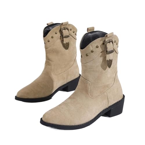 YUTUGTSJ Cowboystiefel Damen Fransen - Damenstiefel mit Absatz mit Nieten Trekking mit Blockabsatz Halbstiefel(A,35 EU) von YUTUGTSJ