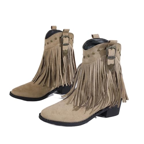 YUTUGTSJ Cowboystiefel Damen Fransen - Damenstiefel mit Absatz mit Nieten Trekking mit Blockabsatz Halbstiefel(Beige,35 EU) von YUTUGTSJ