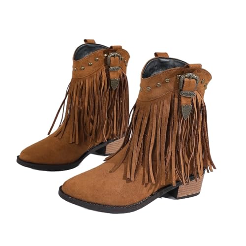 YUTUGTSJ Cowboystiefel Damen Fransen - Damenstiefel mit Absatz mit Nieten Trekking mit Blockabsatz Halbstiefel(Brown,41 EU) von YUTUGTSJ