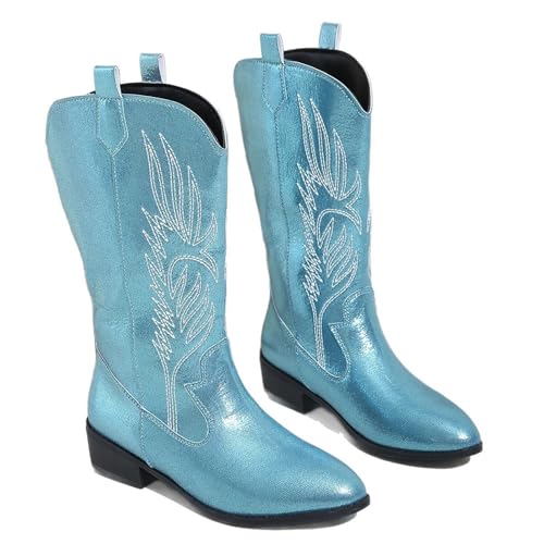 YUTUGTSJ Damen Cowboystiefel Wadenhoch Halbstiefeletten Damen mit Absatz Bestickte Trekkingstiefel(Blue,41 EU) von YUTUGTSJ