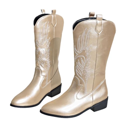 YUTUGTSJ Damen Cowboystiefel Wadenhoch Halbstiefeletten Damen mit Absatz Bestickte Trekkingstiefel(Gold,39 EU) von YUTUGTSJ