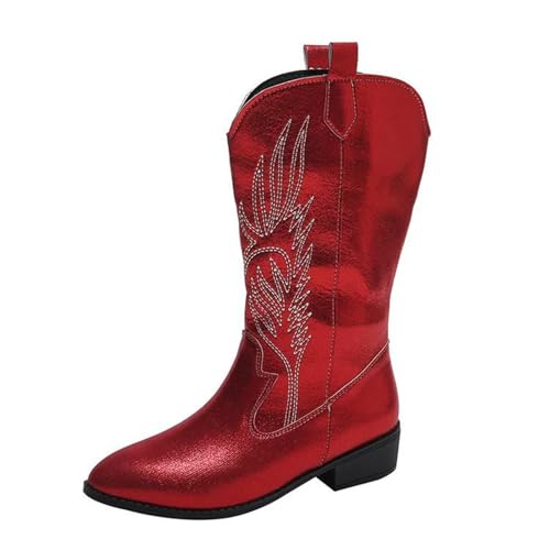 YUTUGTSJ Damen Cowboystiefel Wadenhoch Halbstiefeletten Damen mit Absatz Bestickte Trekkingstiefel(Red,38 EU) von YUTUGTSJ