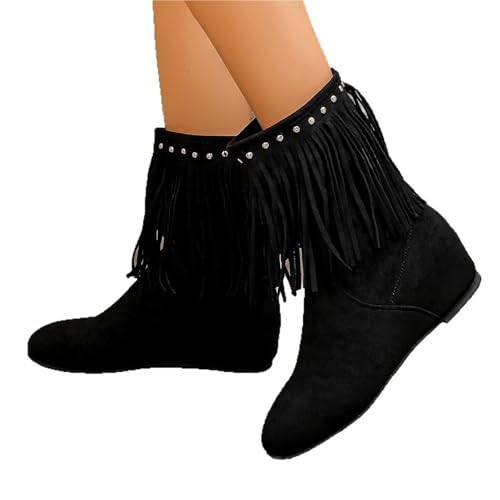 YUTUGTSJ Damen Halbstiefel mit Absatz - Cowboystiefel Damen Fransen mit Nieten Damenstiefel Stiefeletten(Black,40 EU) von YUTUGTSJ