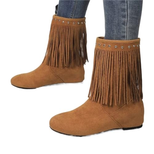 YUTUGTSJ Damen Halbstiefel mit Absatz - Cowboystiefel Damen Fransen mit Nieten Damenstiefel Stiefeletten(Brown,37 EU) von YUTUGTSJ
