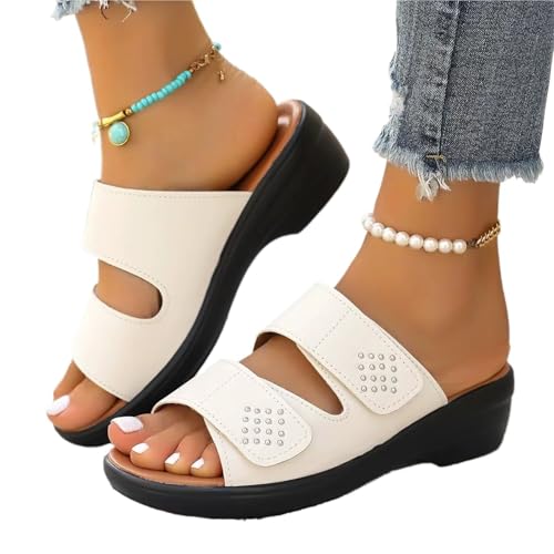YUTUGTSJ Damen Hausschuhe Sommerurlaub Strand Hausschuhe Outdoor Keilabsatz Römerschuhe(Beige,40 EU) von YUTUGTSJ