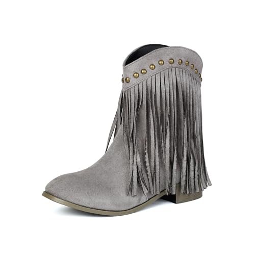 YUTUGTSJ Damen Stiefel mit Absatz - Cowboystiefel Damen Fransen mit Nieten Stiefeletten Kurzschaft Stiefeletten(B,40 EU) von YUTUGTSJ