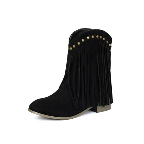 YUTUGTSJ Damen Stiefel mit Absatz - Cowboystiefel Damen Fransen mit Nieten Stiefeletten Kurzschaft Stiefeletten(Black,38 EU) von YUTUGTSJ