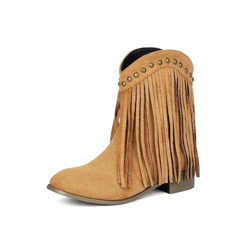 YUTUGTSJ Damen Stiefel mit Absatz - Cowboystiefel Damen Fransen mit Nieten Stiefeletten Kurzschaft Stiefeletten(Brown,38 EU) von YUTUGTSJ
