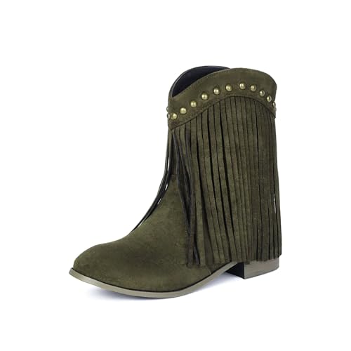 YUTUGTSJ Damen Stiefel mit Absatz - Cowboystiefel Damen Fransen mit Nieten Stiefeletten Kurzschaft Stiefeletten(Green,40 EU) von YUTUGTSJ