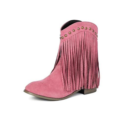 YUTUGTSJ Damen Stiefel mit Absatz - Cowboystiefel Damen Fransen mit Nieten Stiefeletten Kurzschaft Stiefeletten(Pink,38 EU) von YUTUGTSJ