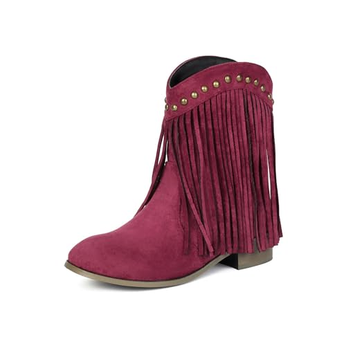 YUTUGTSJ Damen Stiefel mit Absatz - Cowboystiefel Damen Fransen mit Nieten Stiefeletten Kurzschaft Stiefeletten(Red,40 EU) von YUTUGTSJ