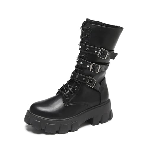 YUTUGTSJ Langschaftstiefel Plateau - Biker Boots Leder Damen mit Gürtelschnalle Reitschuhe Schnürhalbstiefel(Black,37 EU) von YUTUGTSJ