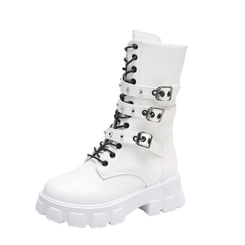 YUTUGTSJ Langschaftstiefel Plateau - Biker Boots Leder Damen mit Gürtelschnalle Reitschuhe Schnürhalbstiefel(White,40 EU) von YUTUGTSJ