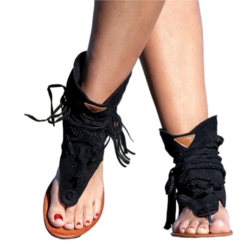 YUTUGTSJ Quastensandalen for Damen, Retro-Bohemian-Gladiator-Fransen-Freizeitsandalen(Black,42 EU) von YUTUGTSJ