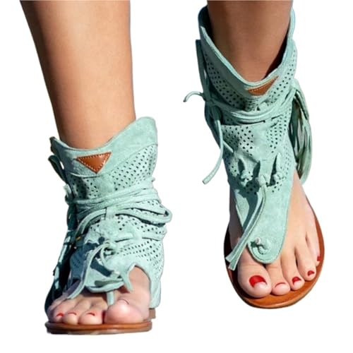 YUTUGTSJ Quastensandalen for Damen, Retro-Bohemian-Gladiator-Fransen-Freizeitsandalen(Green,38 EU) von YUTUGTSJ