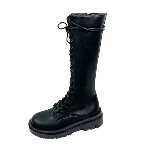 YUTUGTSJ Schlupfstiefel Damen Flach Langschaftstiefel Damen Schlichte Hohe Stiefel mit Schnürung Lederstiefel(Black,40 EU) von YUTUGTSJ