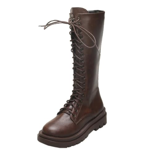 YUTUGTSJ Schlupfstiefel Damen Flach Langschaftstiefel Damen Schlichte Hohe Stiefel mit Schnürung Lederstiefel(Brown,42 EU) von YUTUGTSJ