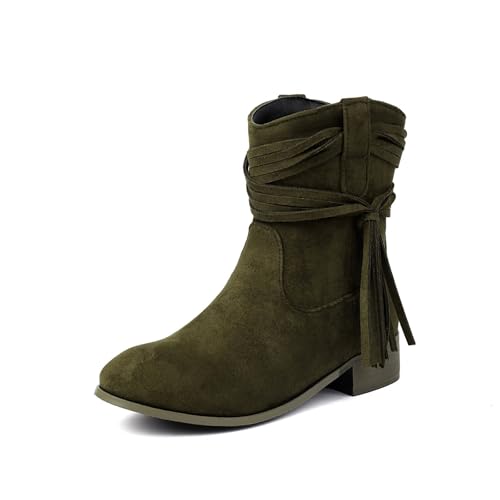 YUTUGTSJ Schuhe Damen Stiefeletten mit Absatz - Cowboystiefel Damen mit Quaste Trekkingstiefel Wildleder Halbstiefel(Green,36 EU) von YUTUGTSJ