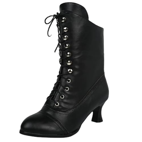 YUTUGTSJ Stiefel for Damen UK Gothic Schnürstiefel Retro Mid-Calf Britische Schuhe Lederstiefel mit niedrigem Absatz(Black,37 EU) von YUTUGTSJ