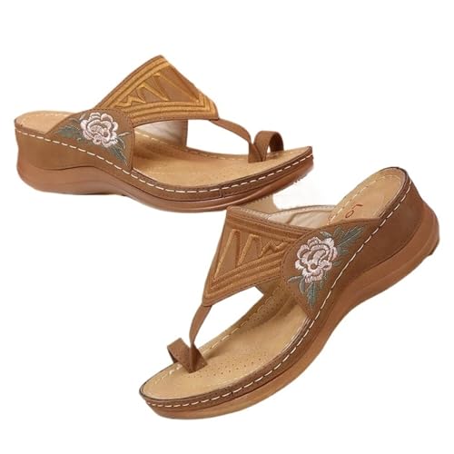 YUTUGTSJ Wandersandalen for Damen, Sommersandalen und Hausschuhe mit Flacher Sohle und Blumenstickerei(Brown,40 EU) von YUTUGTSJ