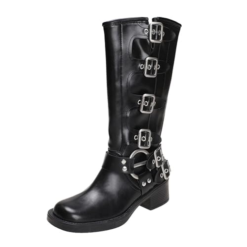 YUTUGTSJ Westernstiefel Damen Weitschaft Langschaftstiefel Damen mit Gürtelschnalle Hohe Stiefel Übergangsstiefel(Black,39 EU) von YUTUGTSJ