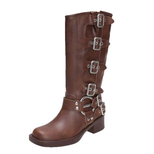 YUTUGTSJ Westernstiefel Damen Weitschaft Langschaftstiefel Damen mit Gürtelschnalle Hohe Stiefel Übergangsstiefel(Brown,40 EU) von YUTUGTSJ