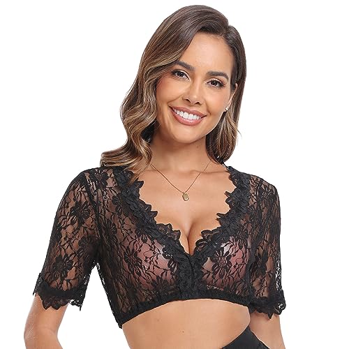 YUUGYD Damen Dirndlbluse Spitze Trachten Dirndlbluse Kurzarm Oktoberfest Dirndlblusen Tracht Bluse Weiß/Schwarz (34-48) - 0099# Schwarz - 34 von YUUGYD