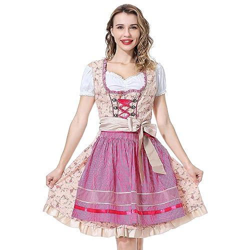 YUUGYD Dirndl Damen Oktoberfest Kostüm Deutsches Dirndl Kleid Trachtenkleid Bayerische Karneval Party 3-teilig Biermädchen Kostüme - 0056# Rosa - 36 von YUUGYD