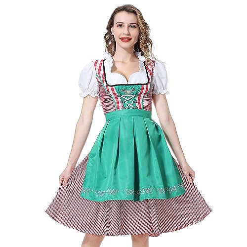 YUUGYD Dirndl Damen Trachtenkleid Oktoberfest Trachtenmode Dirndl Kleidung - Blumenbesatz kariertes Dirndl Kostüm - perfekt für Oktoberfest Fasching Outfit, Karneval Kostüm - 0050# Grün - 34 von YUUGYD