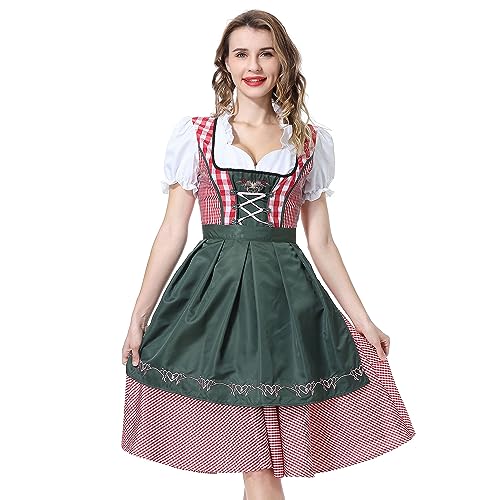 YUUGYD Dirndl Damen Trachtenkleid Oktoberfest Trachtenmode Dirndl Kleidung - Blumenbesatz kariertes Dirndl Kostüm - perfekt für Oktoberfest Fasching Outfit, Karneval Kostüm - 0050# Tinte grün - 36 von YUUGYD