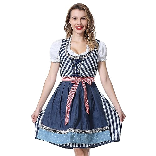 YUUGYD Trachtenkleid Dirndl Damen für Oktoberfest Kostüm 3tlg.- DREI Teilig: Kleid, Bluse, Schürze, für Deutsche Oktoberfest Trachtenkleid, Karneval, Damen Dirndl Kleid - 0049# Blau - 34 von YUUGYD